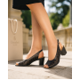 Sandale damă negre din piele naturală perforată cu vârf decupat și toc gros CP431N
